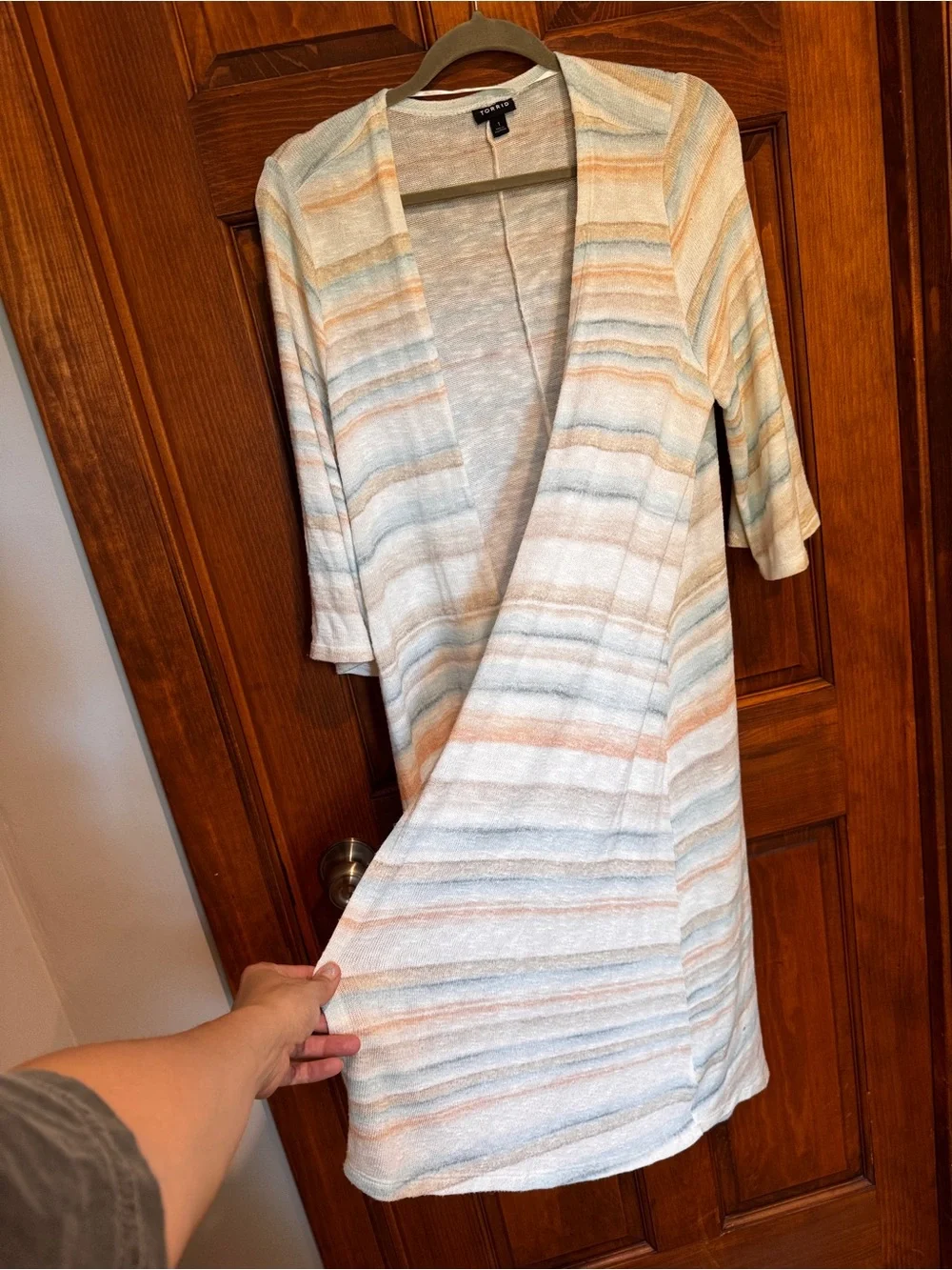 torrid Cream and Light Blue Striped Open Front Cardigan